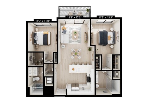 Floor plan for 2 beds, 2 baths, 1044 sqft